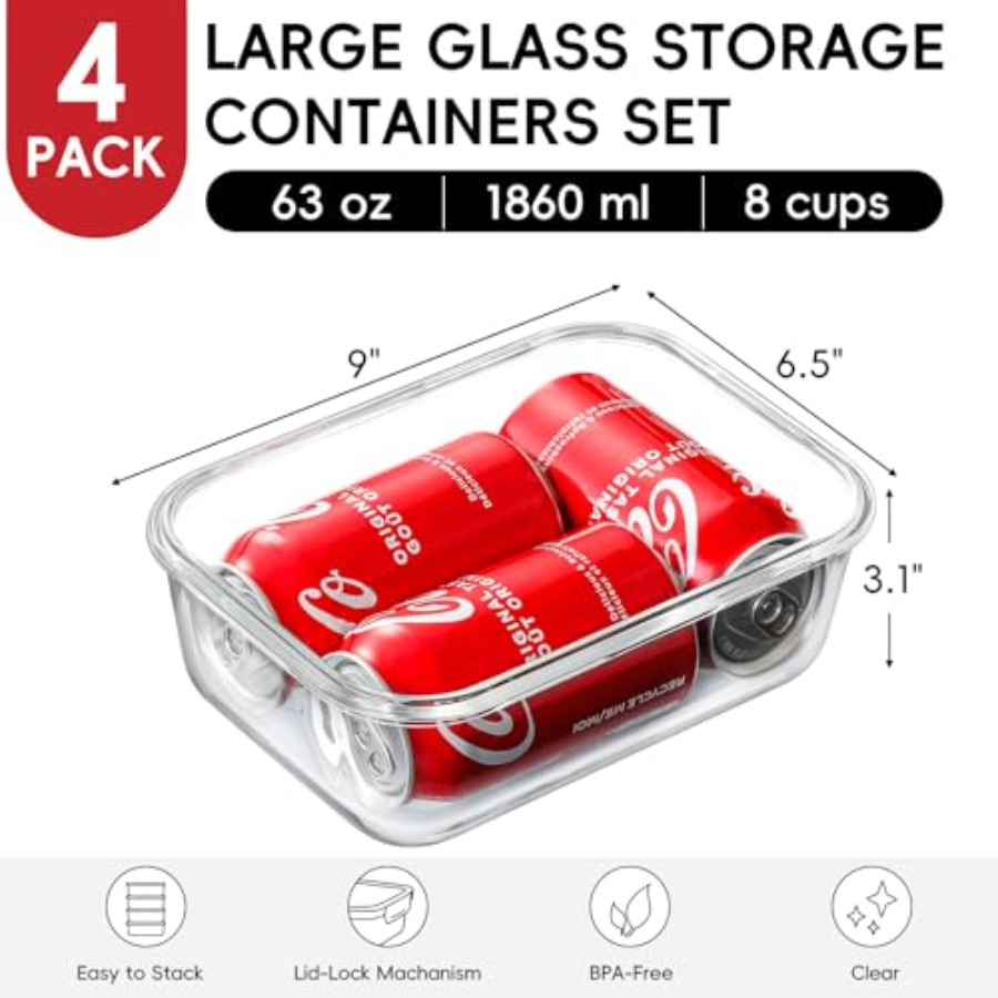 4 Pack 8 Cups/ 63oz Large Glas - Food Storage Meal Prep 评论和价格