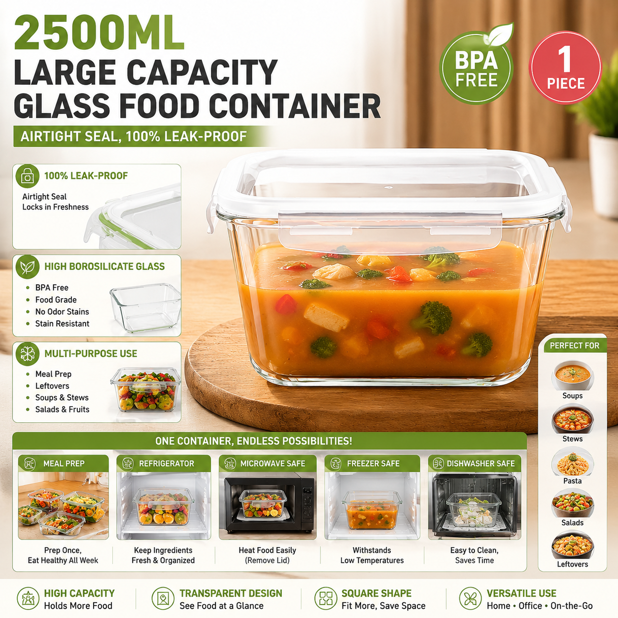 2500ml Large Glass Food Storag - Food Storage Lunch Box 评论和价格